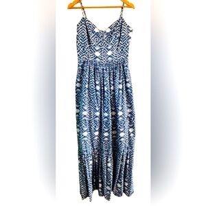 Betsy Johnson blu linen & cottn mxi spag strp half lined drss SZ 8 boho coastal